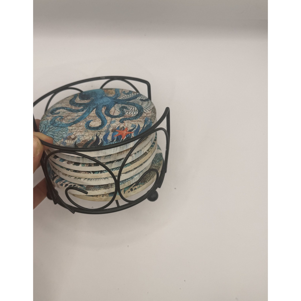 Ocean Life Coasters for Drinks Set of 7 Cork Base Ceramic Coastal Decor - Picture 3 of 9